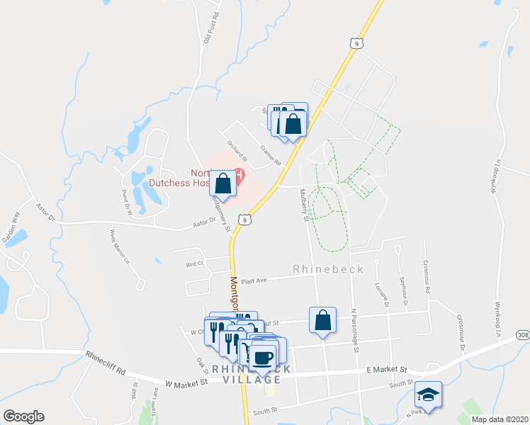 map of restaurants, bars, coffee shops, grocery stores, and more near 6520 Spring Brook Avenue in Rhinebeck Village Business District