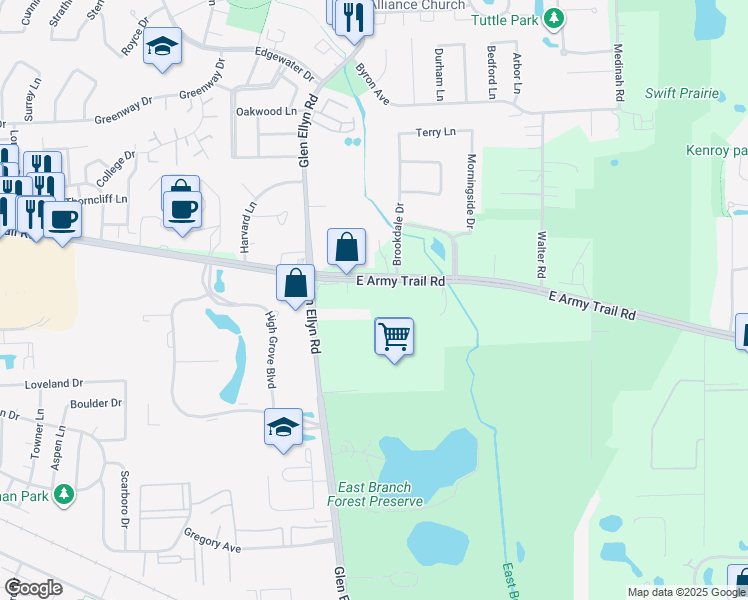 map of restaurants, bars, coffee shops, grocery stores, and more near 22W421 Army Trail Road in Addison