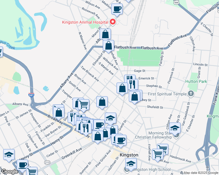 map of restaurants, bars, coffee shops, grocery stores, and more near 112 Ten Broeck Avenue in Kingston