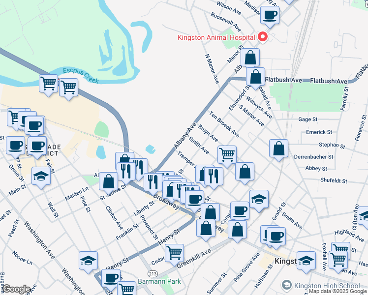 map of restaurants, bars, coffee shops, grocery stores, and more near 233 Tremper Avenue in Kingston