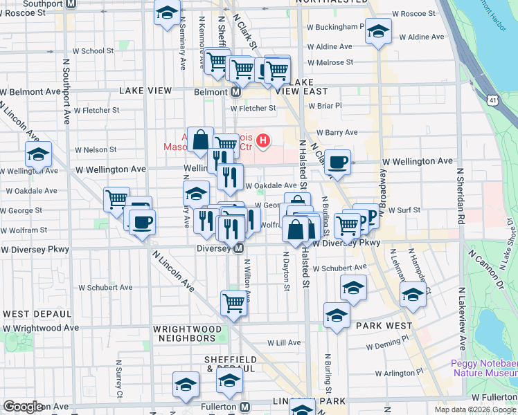 map of restaurants, bars, coffee shops, grocery stores, and more near 924 West Wolfram Street in Chicago