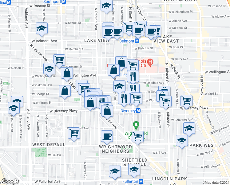 map of restaurants, bars, coffee shops, grocery stores, and more near 1119 West George Street in Chicago