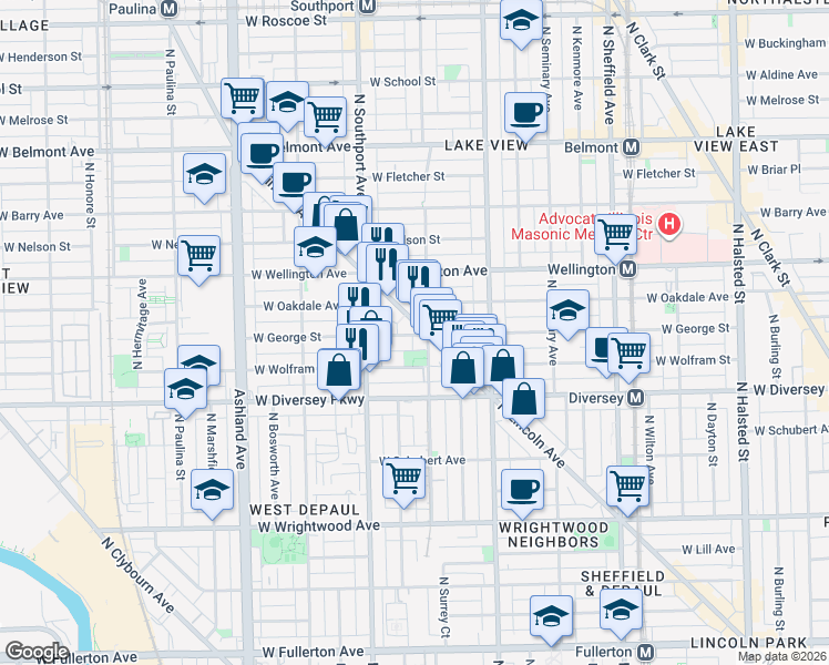 map of restaurants, bars, coffee shops, grocery stores, and more near 1303 West George Street in Chicago