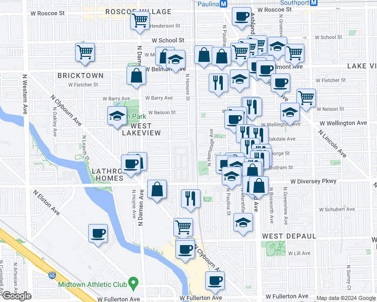 map of restaurants, bars, coffee shops, grocery stores, and more near 1802 West Diversey Parkway in Chicago