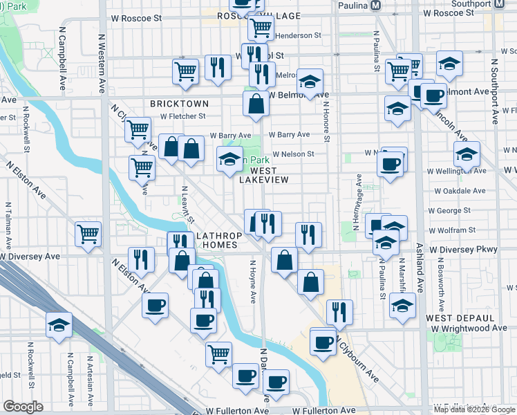 map of restaurants, bars, coffee shops, grocery stores, and more near 2857 North Damen Avenue in Chicago