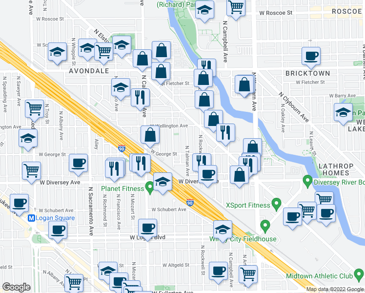 map of restaurants, bars, coffee shops, grocery stores, and more near 2644 West George Street in Chicago