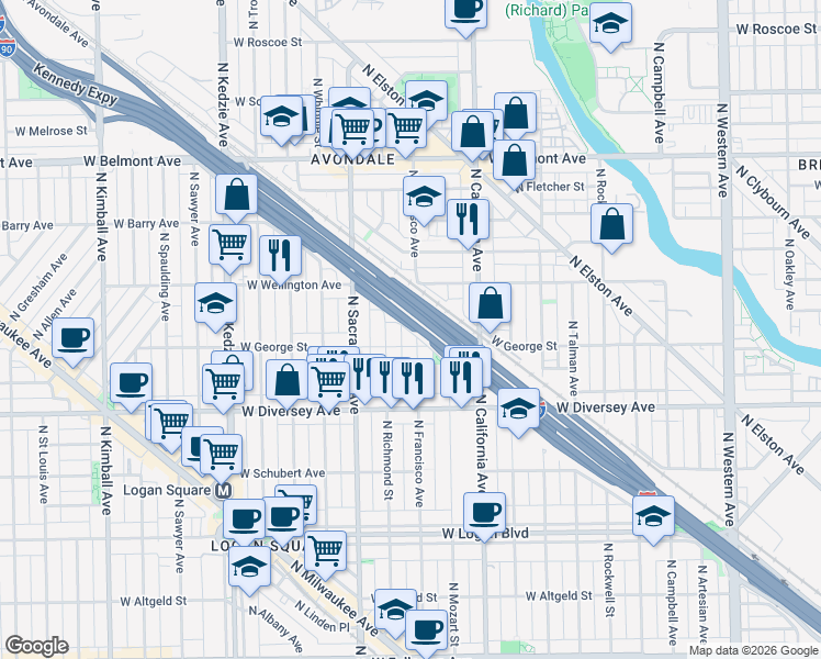 map of restaurants, bars, coffee shops, grocery stores, and more near 2910 West George Street in Chicago