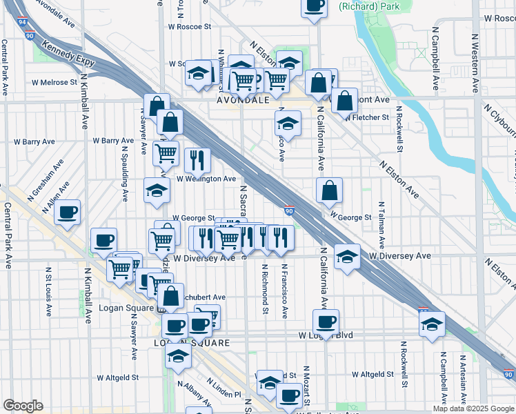 map of restaurants, bars, coffee shops, grocery stores, and more near 2900 North Richmond Street in Chicago