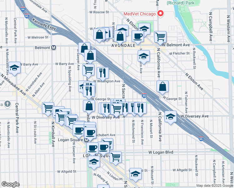 map of restaurants, bars, coffee shops, grocery stores, and more near 3022 West George Street in Chicago