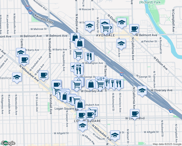 map of restaurants, bars, coffee shops, grocery stores, and more near 2909 North Albany Avenue in Chicago
