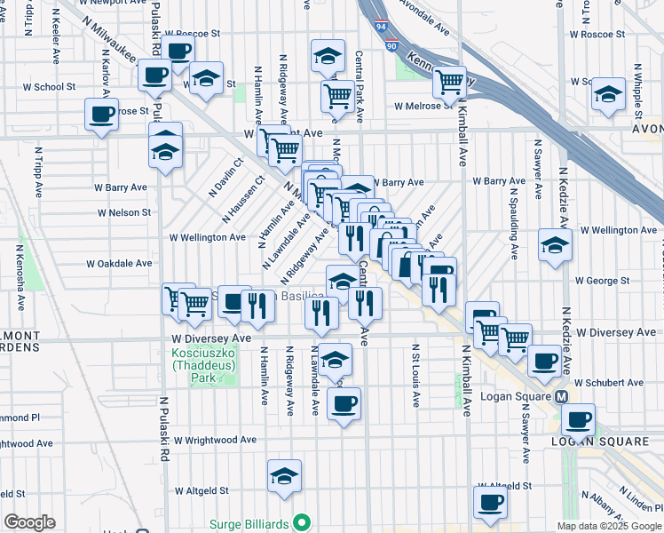 map of restaurants, bars, coffee shops, grocery stores, and more near 3630 West George Street in Chicago