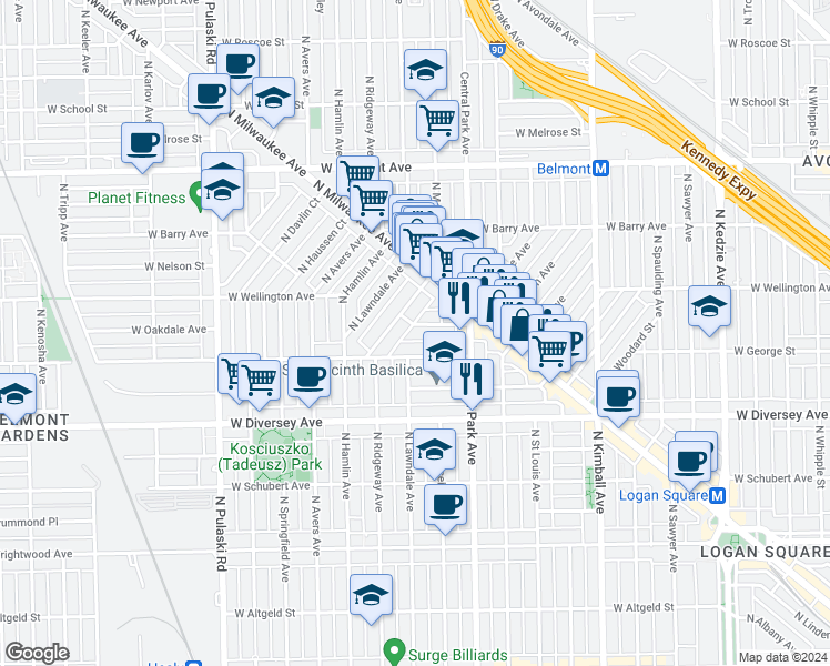 map of restaurants, bars, coffee shops, grocery stores, and more near 3706 West George Street in Chicago