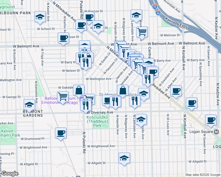 map of restaurants, bars, coffee shops, grocery stores, and more near 3816 West George Street in Chicago