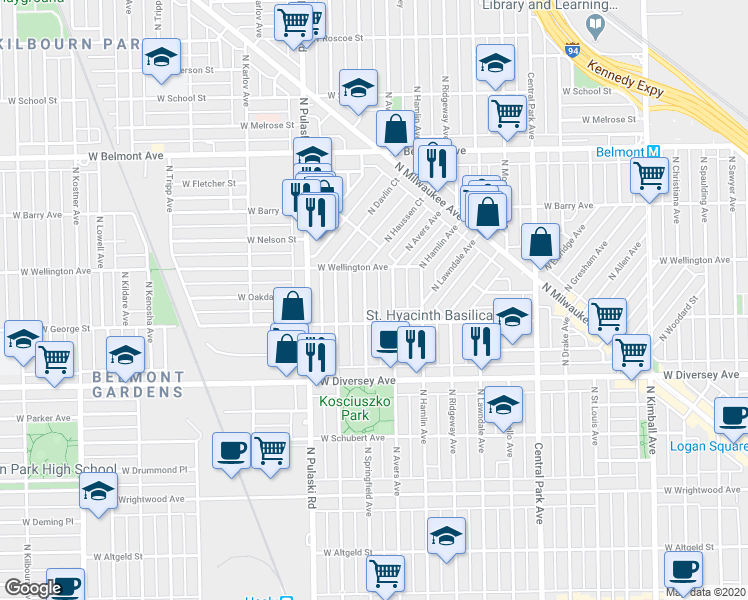 map of restaurants, bars, coffee shops, grocery stores, and more near 2907 North Springfield Avenue in Chicago
