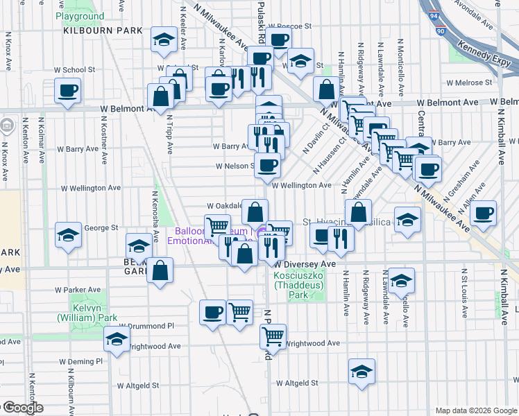 map of restaurants, bars, coffee shops, grocery stores, and more near 2908 North Pulaski Road in Chicago