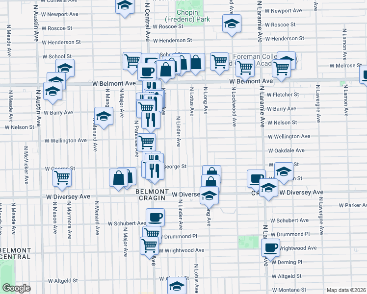 map of restaurants, bars, coffee shops, grocery stores, and more near 2925 North Linder Avenue in Chicago