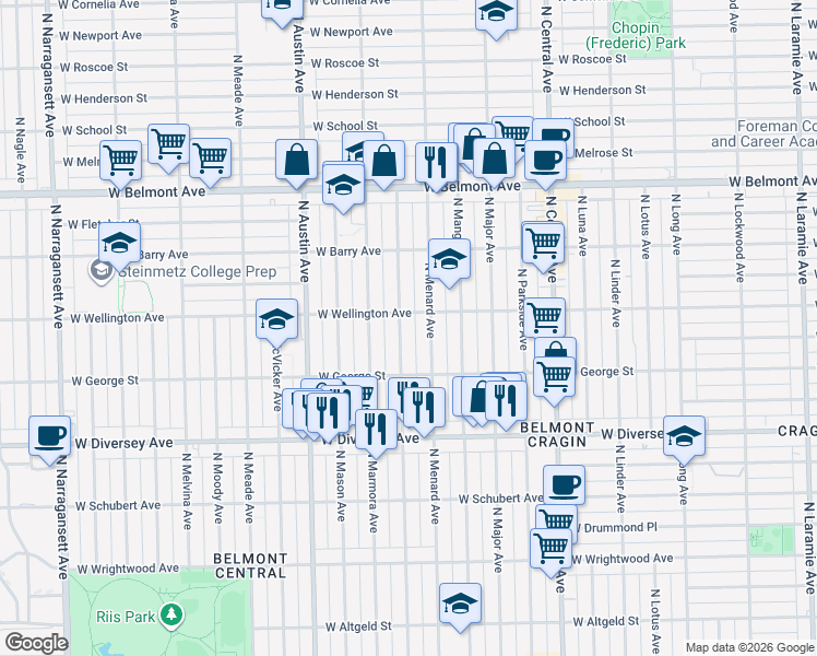 map of restaurants, bars, coffee shops, grocery stores, and more near 2930 North Monitor Avenue in Chicago