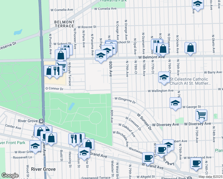 map of restaurants, bars, coffee shops, grocery stores, and more near 8005 Oconnor Drive in River Grove