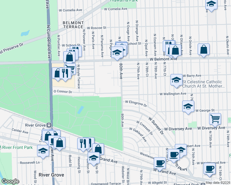 map of restaurants, bars, coffee shops, grocery stores, and more near 8005 Oconnor Drive in River Grove