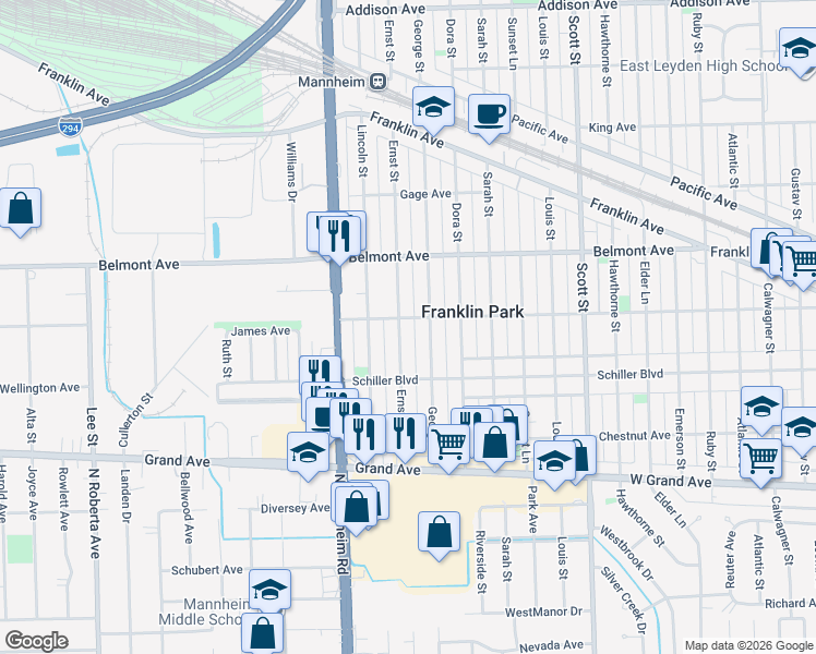 map of restaurants, bars, coffee shops, grocery stores, and more near 3029 Ernst Street in Franklin Park