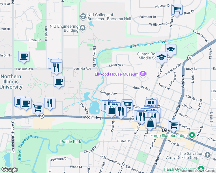 map of restaurants, bars, coffee shops, grocery stores, and more near 515 College Avenue in DeKalb