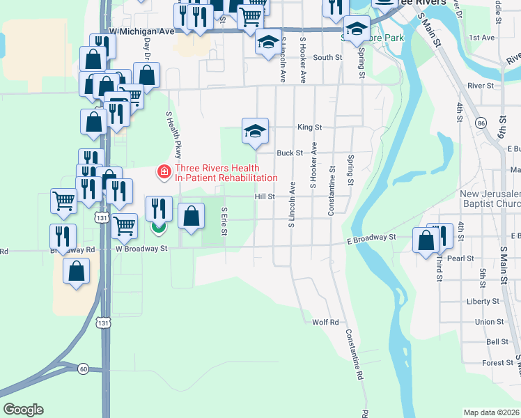 map of restaurants, bars, coffee shops, grocery stores, and more near 721 South Douglas Avenue in Three Rivers