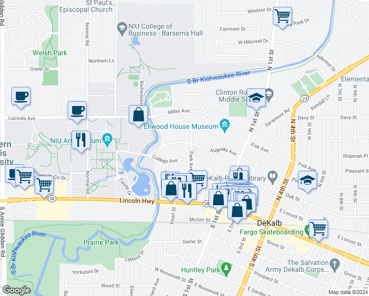 map of restaurants, bars, coffee shops, grocery stores, and more near 314 Augusta Avenue in DeKalb