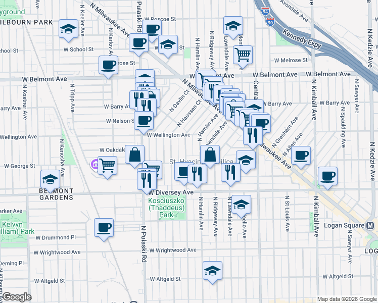 map of restaurants, bars, coffee shops, grocery stores, and more near 3816 West George Street in Chicago