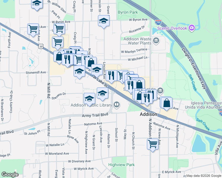 map of restaurants, bars, coffee shops, grocery stores, and more near 203 West Lake Street in Addison
