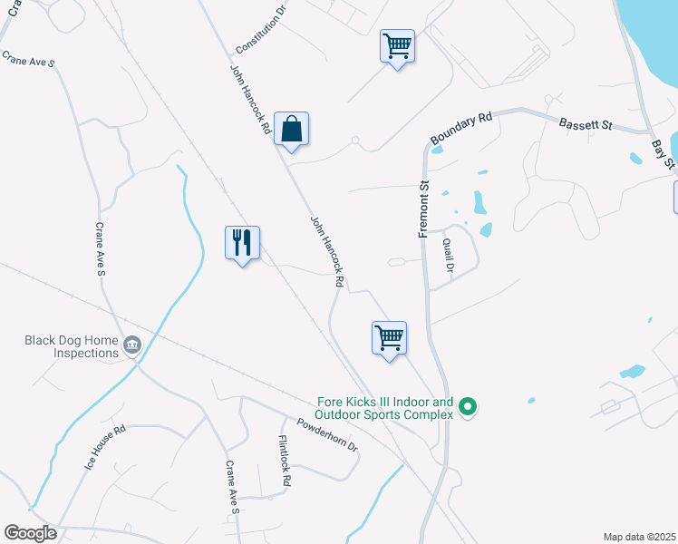 map of restaurants, bars, coffee shops, grocery stores, and more near 500 John Hancock Road in Taunton