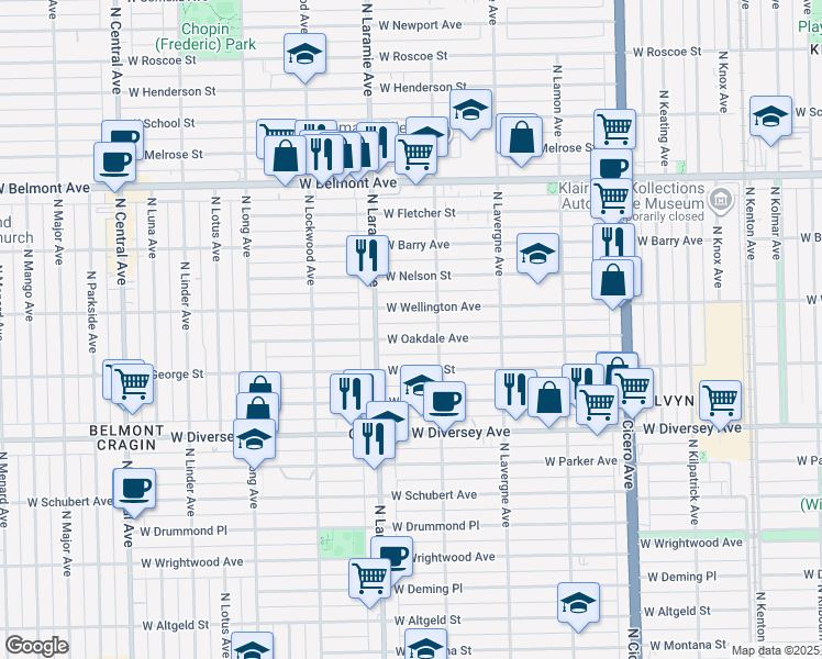 map of restaurants, bars, coffee shops, grocery stores, and more near 5111 West Oakdale Avenue in Chicago