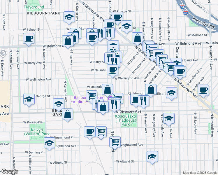 map of restaurants, bars, coffee shops, grocery stores, and more near 2908 North Pulaski Road in Chicago