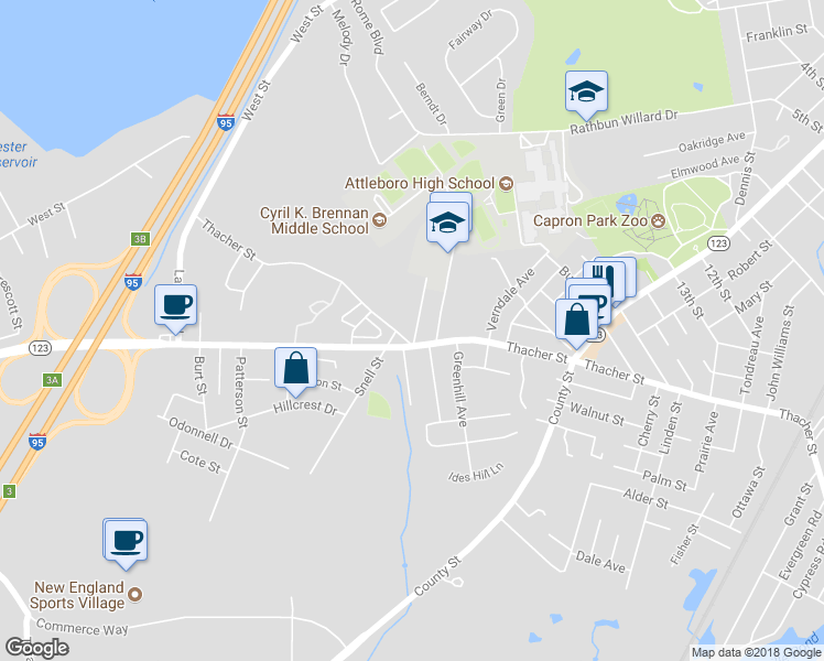map of restaurants, bars, coffee shops, grocery stores, and more near 22 Anderson Avenue in Attleboro