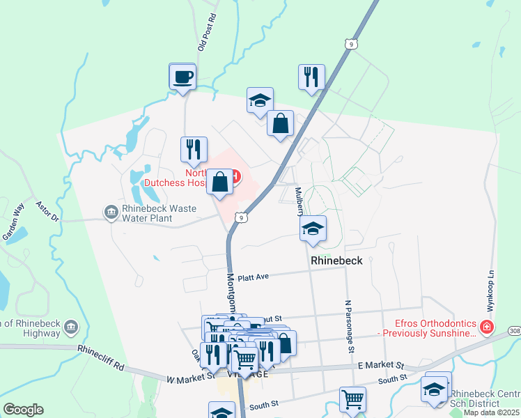map of restaurants, bars, coffee shops, grocery stores, and more near 6518 Spring Brook Avenue in Rhinebeck