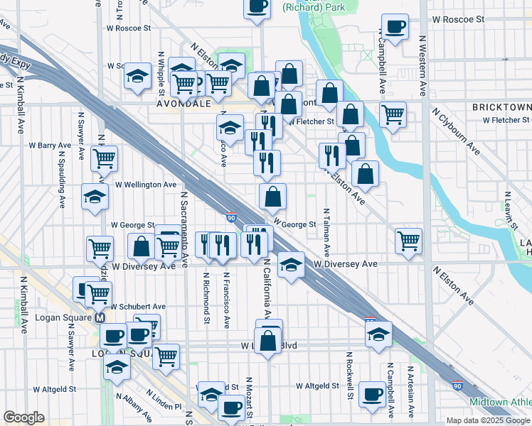 map of restaurants, bars, coffee shops, grocery stores, and more near N California Ave & W George St in Chicago