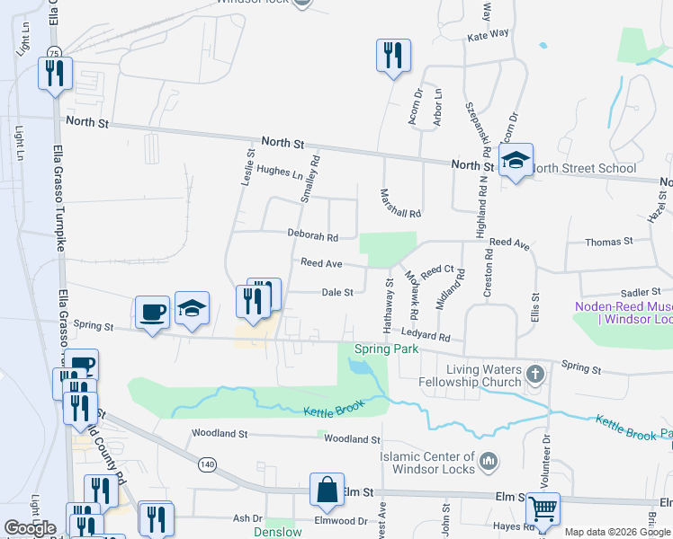 map of restaurants, bars, coffee shops, grocery stores, and more near 21 Dale Street in Windsor Locks