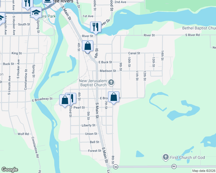 map of restaurants, bars, coffee shops, grocery stores, and more near 615 State Street in Three Rivers