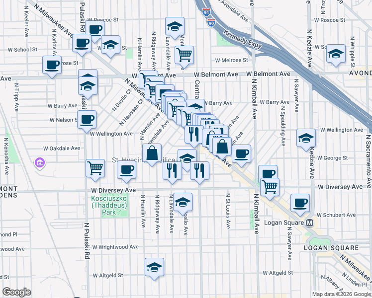 map of restaurants, bars, coffee shops, grocery stores, and more near 3630 West George Street in Chicago