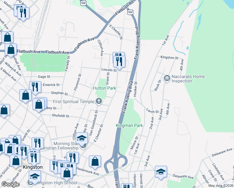 map of restaurants, bars, coffee shops, grocery stores, and more near 258 E Chester St in Kingston