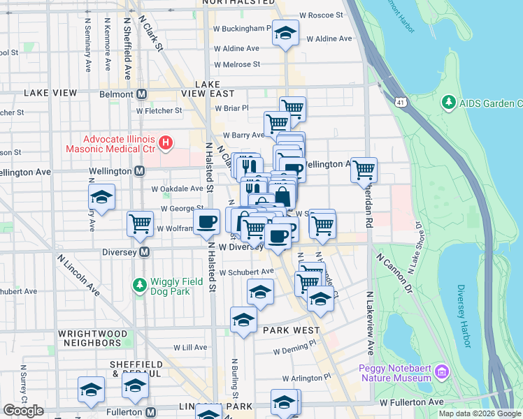 map of restaurants, bars, coffee shops, grocery stores, and more near 2863 North Clark Street in Chicago
