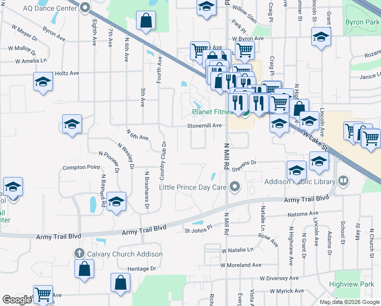 map of restaurants, bars, coffee shops, grocery stores, and more near 729 Charles Court in Addison
