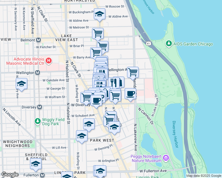 map of restaurants, bars, coffee shops, grocery stores, and more near 555 West Surf Street in Chicago