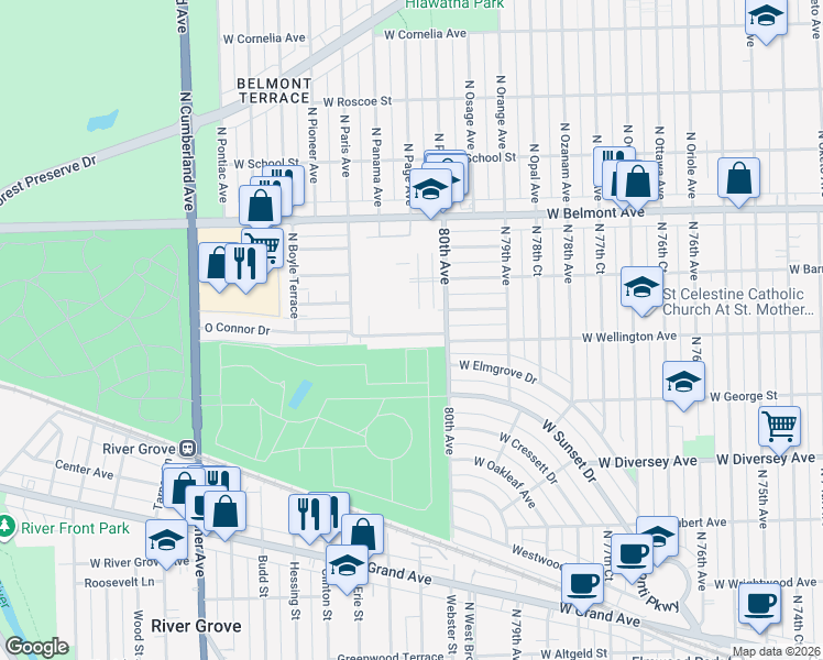 map of restaurants, bars, coffee shops, grocery stores, and more near 8040 Oconnor Drive in River Grove