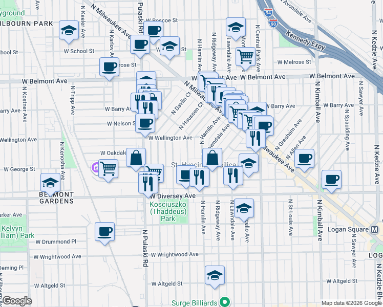 map of restaurants, bars, coffee shops, grocery stores, and more near 3816 West George Street in Chicago