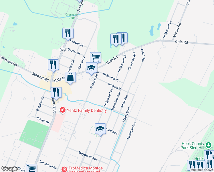 map of restaurants, bars, coffee shops, grocery stores, and more near 1490 North Macomb Street in Monroe