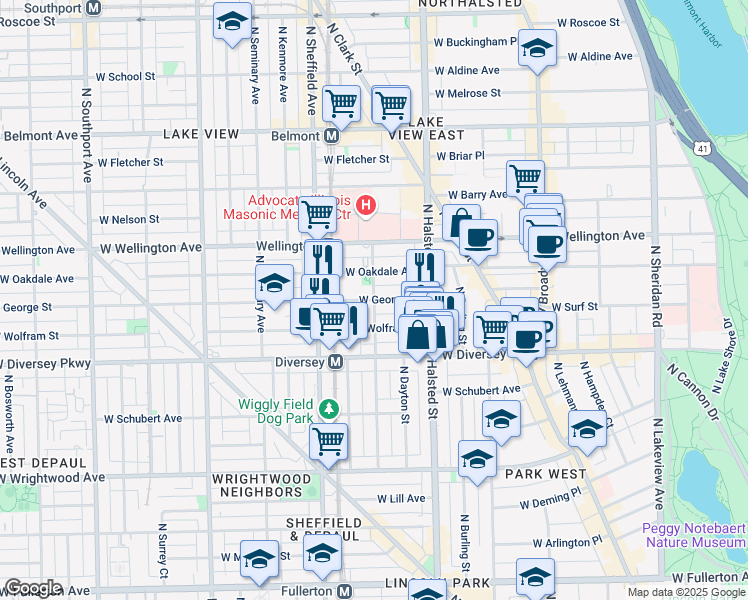 map of restaurants, bars, coffee shops, grocery stores, and more near W George St & N Mildred Ave in Chicago