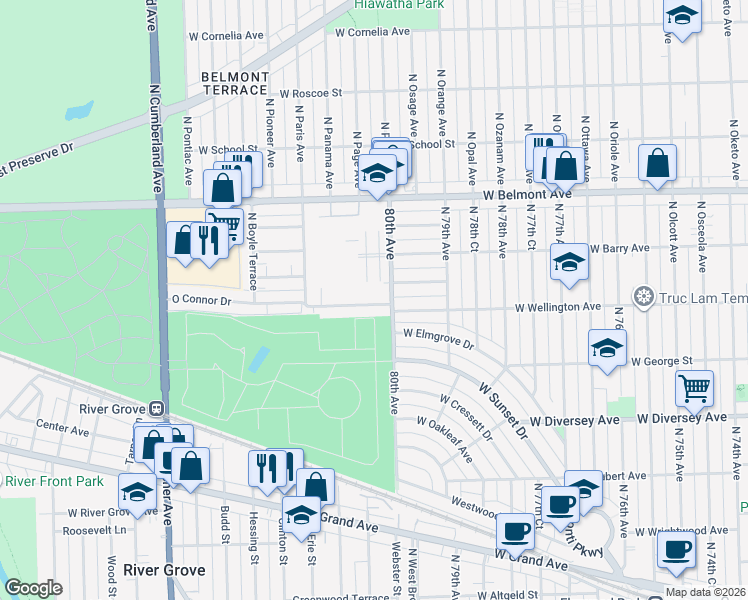 map of restaurants, bars, coffee shops, grocery stores, and more near 8020 Oconnor Drive in River Grove