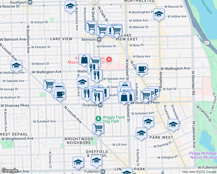 map of restaurants, bars, coffee shops, grocery stores, and more near 924 West Wolfram Street in Chicago