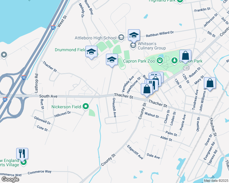 map of restaurants, bars, coffee shops, grocery stores, and more near 520 Thacher Street in Attleboro
