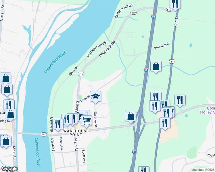map of restaurants, bars, coffee shops, grocery stores, and more near 35 Pleasant Street in East Windsor